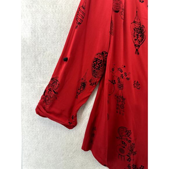 Soft Surroundings Small Tunic Top Pagoda Asian Wrap Button V Neck Red Black - Picture 7 of 9